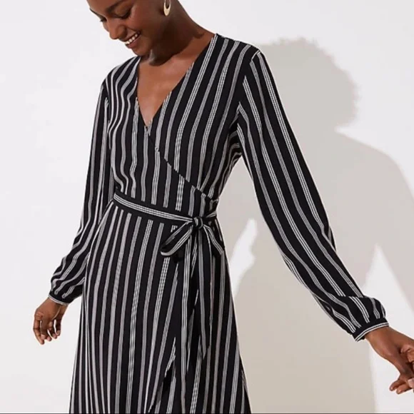 knee length dresses for ladies DAX STRIPE WRAP DRESS IN SOFT YARN-DYED COTTON BLEND
